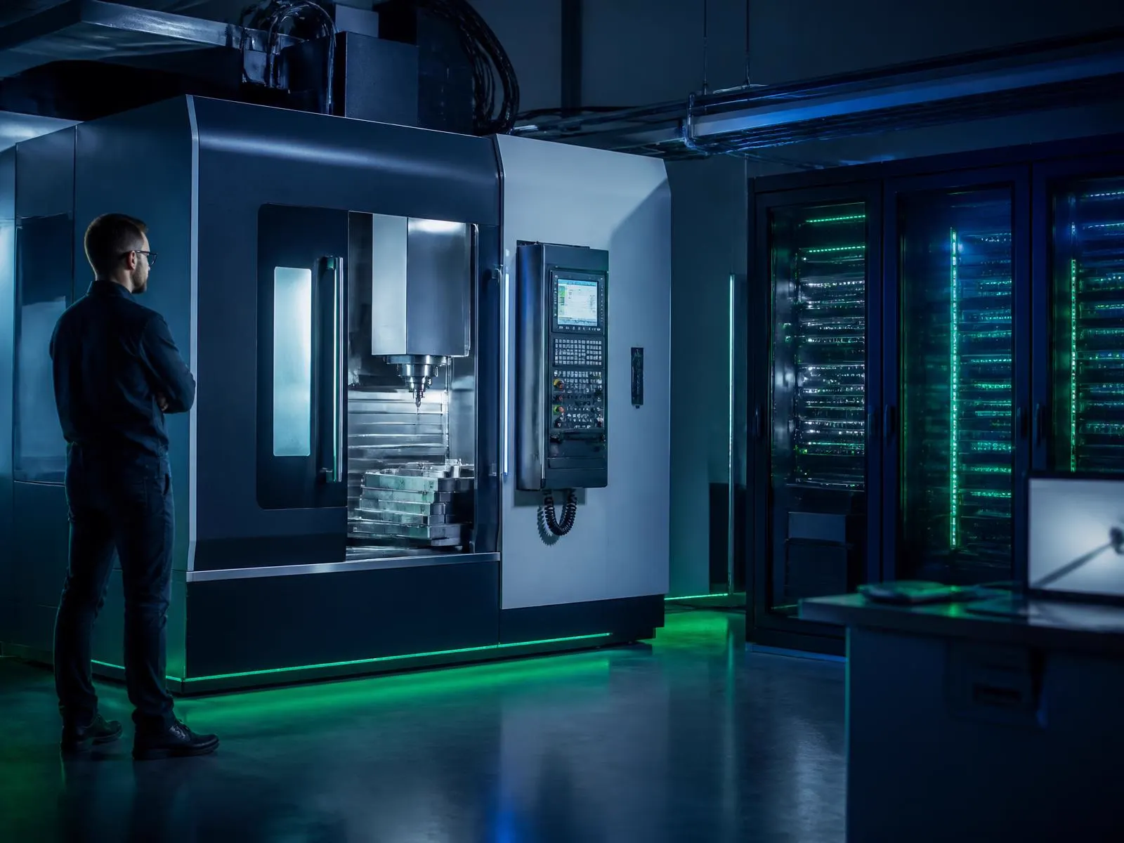 Technik pri modernom obrábacom centre v hale s technologickým vybavením